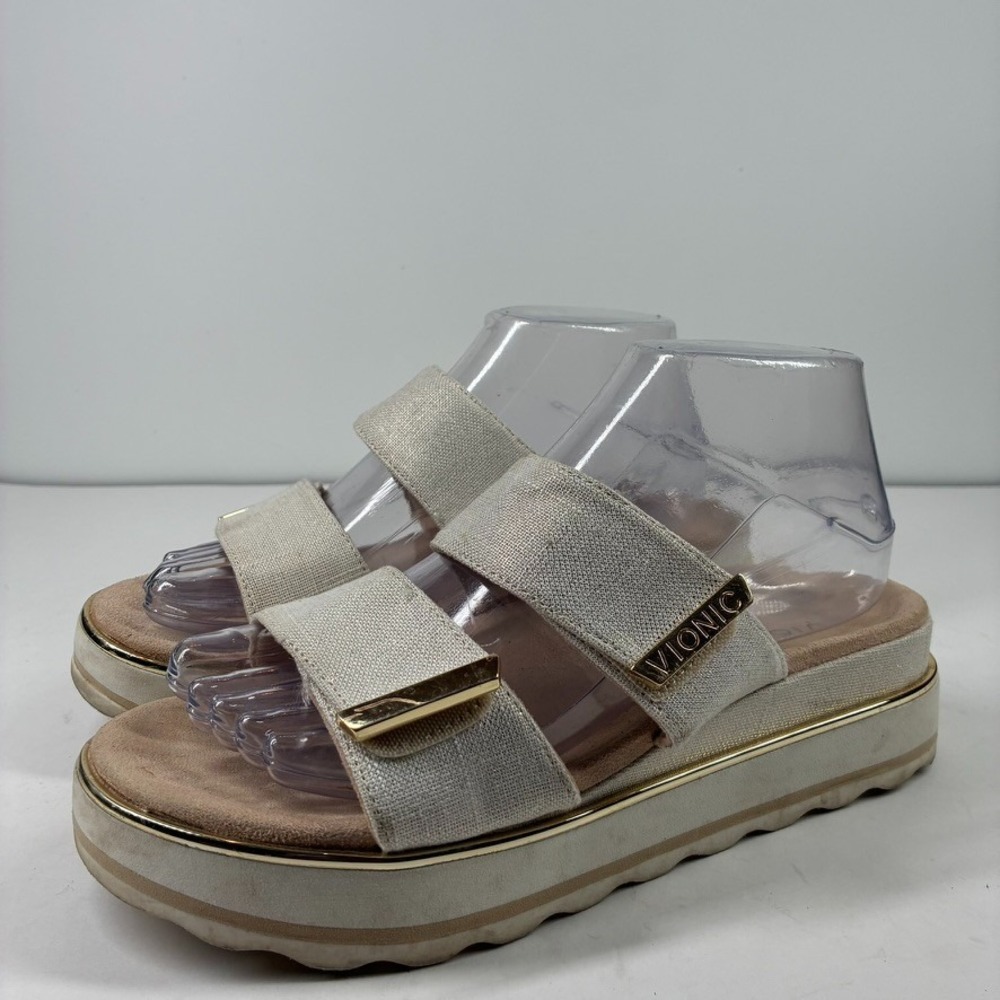 Vionic Brandie Women's US 7 Linen Metallic Gold Orthotic Comfort Platform Sandal